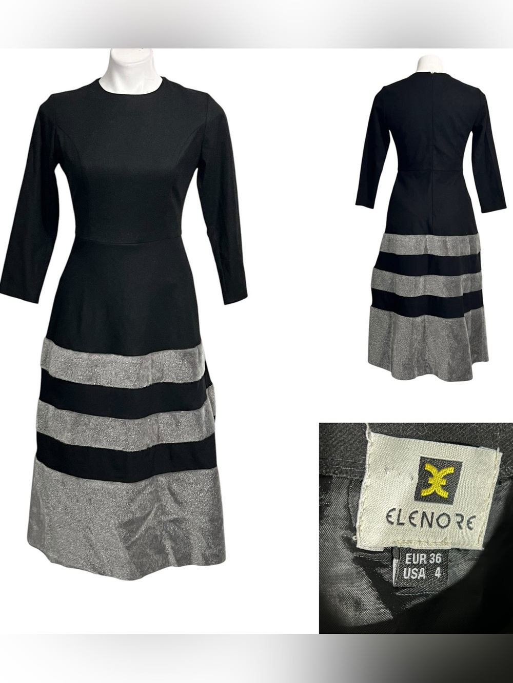 Elenore dress Vtg sz 4 Black/Silver Long Sleeve A-Line faux suede/faux fur fall